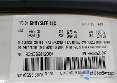 2008 Chrysler 300 Touring z USA, uszkodzony, nr VIN 2C3KK53G08H128890